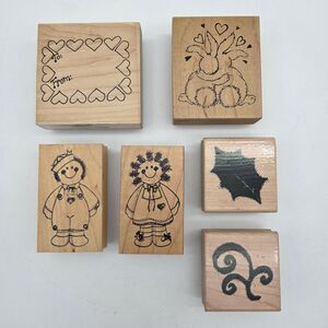 Lot 6 Vintage Wood Mounted Rubber Stamps PSX G-2673 Bunny Cottage Stamper Doll